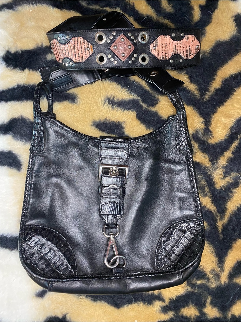 Prada Black Leather Crossbody Bag with Pink Accent Strap